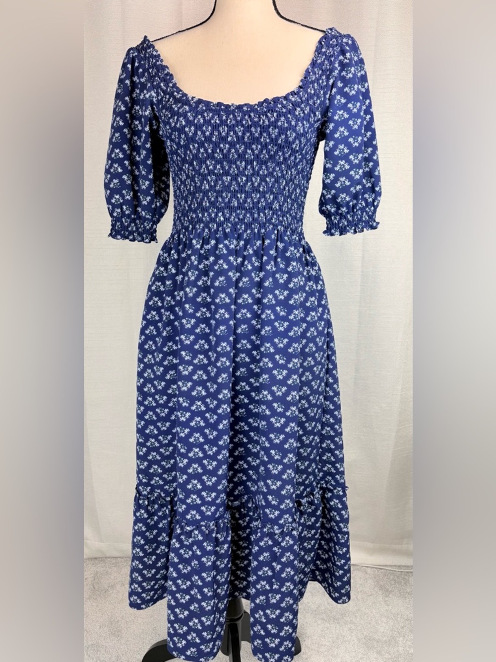 Hill House Nap Dress Blue Floral Smocked Midi Cottagecore XS - Picture 2 of 9